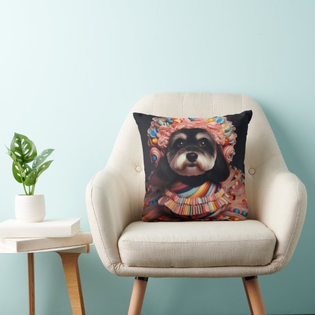 Cute dog in a beaded dress throw pillow (Chair)