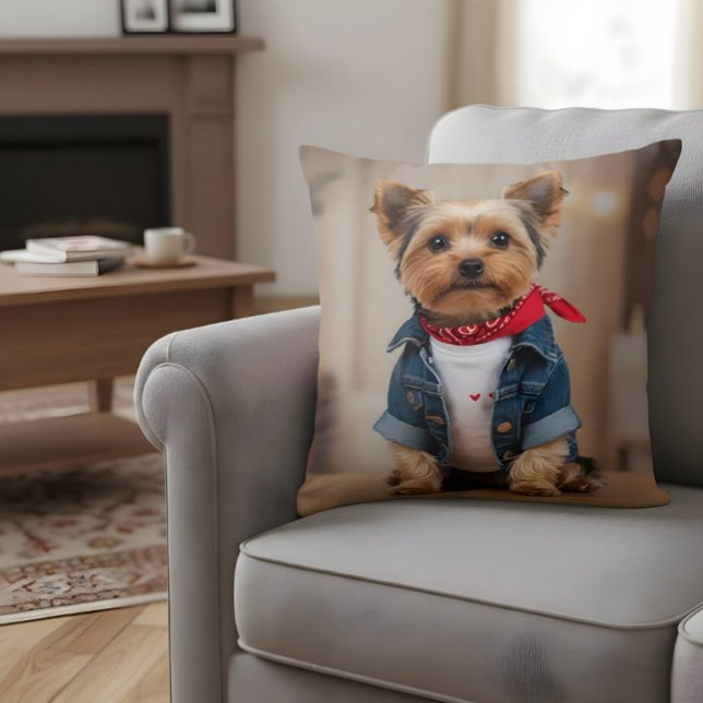 Cute Dog in a Jean Jacket Throw Pillow (Creator Uploaded)