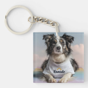 Cute Dog in a "Namaste" T-Shirt on a Yoga Mat Keychain