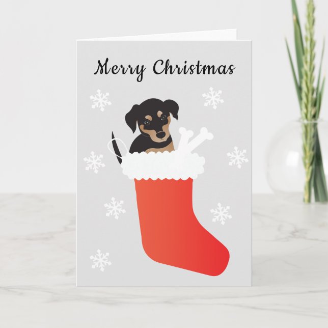 Cute Dog In A Stocking Snowflakes Holiday Card (Front)