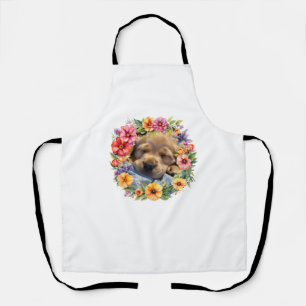 cute dog in colourful flowers sleepy puppy Classic Apron