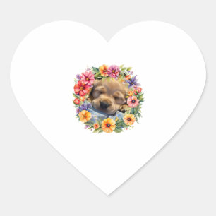 cute dog in colourful flowers sleepy puppy Classic Heart Sticker