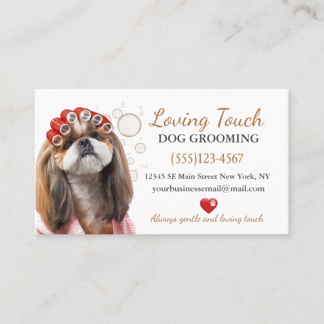 Cute Dog In Curlers Grooming Service Business Card (Front)