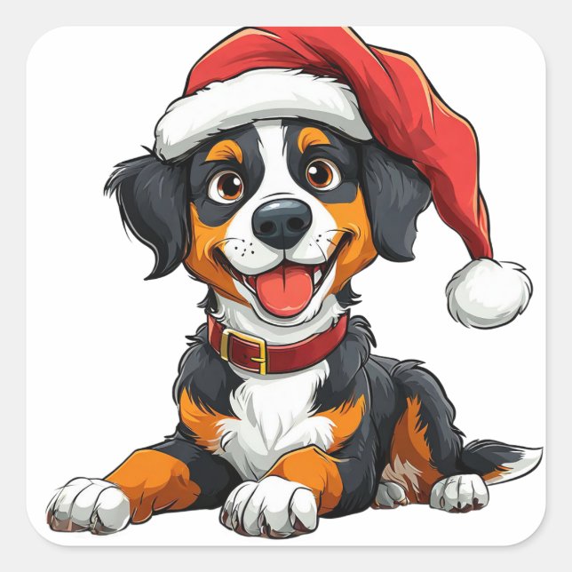 Cute Dog in Santa Hat Celebrating Christmas Square Sticker (Front)