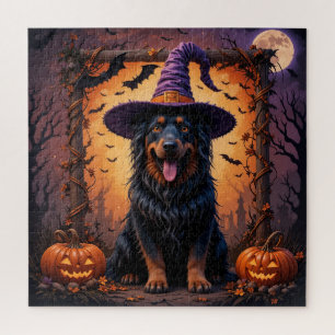 Cute Dog in Witch Hat Surrounded by Pumpkins Jigsaw Puzzle