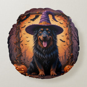 Cute Dog in Witch Hat Surrounded by Pumpkins Round Pillow