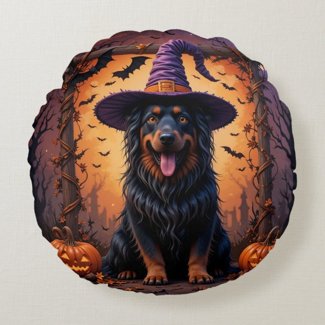 Cute Dog in Witch Hat Surrounded by Pumpkins Round Pillow (Front)