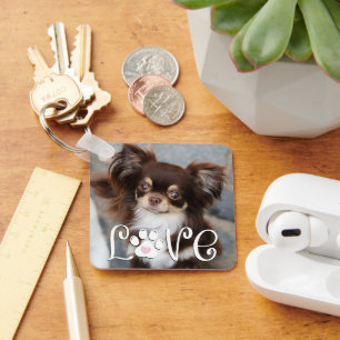 Cute Dog LOVE Paw Print Photo Custom Keychain