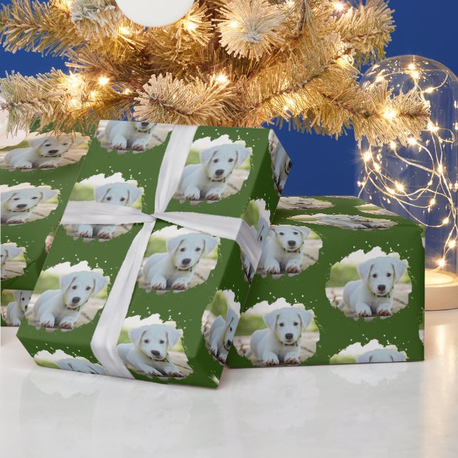 Cute Dog Lovers Personalized Photo Pattern Green Wrapping Paper (Holidays)