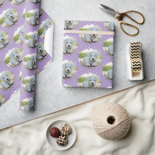 Cute Dog Lovers Personalized Photo Pattern Purple Wrapping Paper (Crafts)