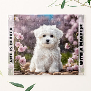 Cute Dog Maltese Puppy Spring Floral Custom Name Jigsaw Puzzle