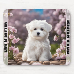 Cute Dog Maltese Puppy Spring Floral Custom Name Mouse Pad