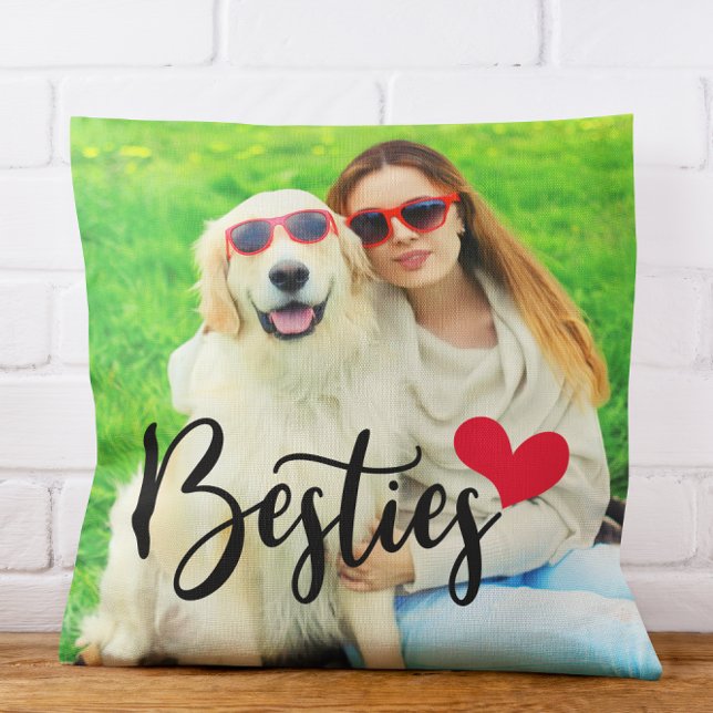 Cute Dog Mom Besties Red Heart Photo Throw Pillow (Glittery Rose Gold Foil 15th Birthday Throw Pillow)