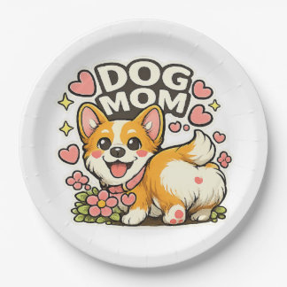 Cute Dog Mom Corgi Sticker Kawaii Flowe,Heart art Paper Plate