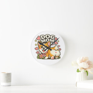 Cute Dog Mom Corgi Sticker Kawaii Flowe,Heart art Round Clock