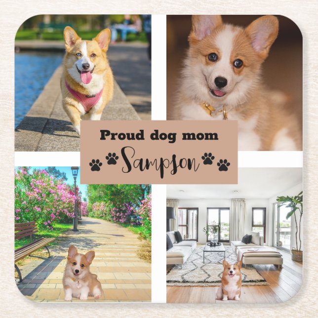 Cute Dog Mom Custom Photo  Square Paper Coaster (Front)