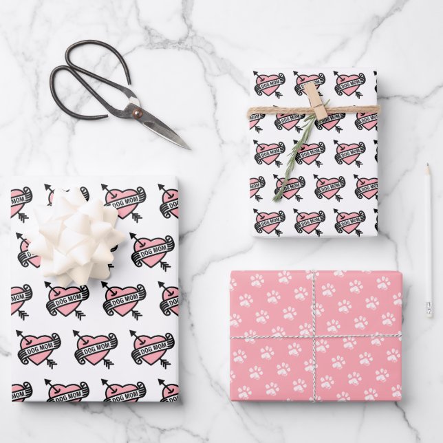 Cute Dog Mom Heart Tattoo with Pawprint Pattern Wrapping Paper Sheet (Front)