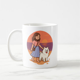 Cute Dog Mom Walking Fluffy Pup on Sunset Beach Coffee Mug