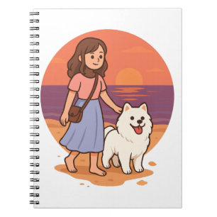 Cute Dog Mom Walking Fluffy Pup on Sunset Beach  Notebook