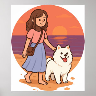 Cute Dog Mom Walking Fluffy Pup on Sunset Beach Poster