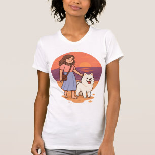 Cute Dog Mom Walking Fluffy Pup on Sunset Beach T-Shirt