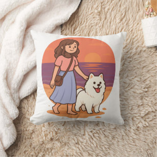 Cute Dog Mom Walking Fluffy Pup on Sunset Beach  Throw Pillow