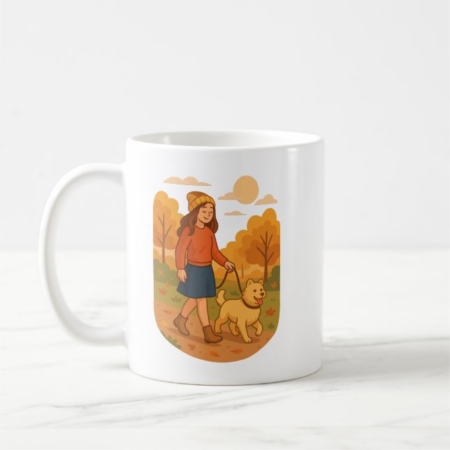 Cute Dog Mom Walking Pup in Cozy Forest  Coffee Mug (Left)