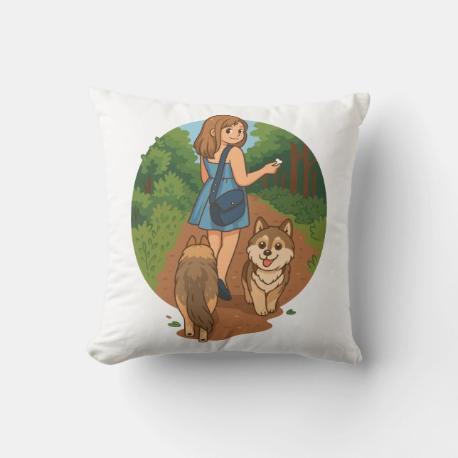 Cute Dog Mom Walking Puppies Forest Trail Illustra Throw Pillow (Front)