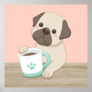 Cute Dog & Mug Illustration Art Poster
