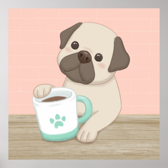 Cute Dog & Mug Illustration Art Poster (Front)