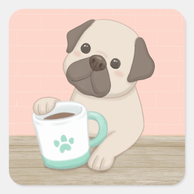 Cute Dog & Mug Illustration Art Square Sticker (Front)