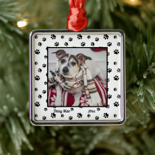 Cute Dog Name and Year with Photo Black Paw Prints Metal Ornament