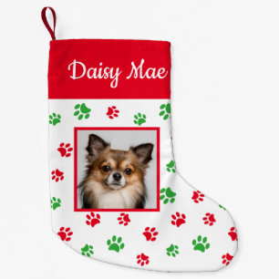Cute Dog Name Photo Red and Green Paw Prints Small Christmas Stocking