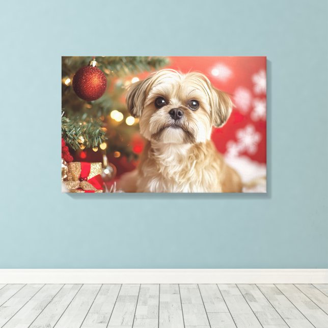 Cute Dog Next to Christmas Tree Canvas Print (Insitu(Wood Floor))