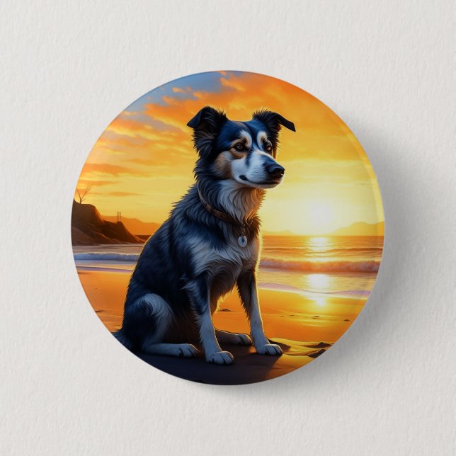 Cute Dog on Beach at Sunset  2 Inch Round Button (Front)