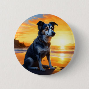 Cute Dog on Beach at Sunset  2 Inch Round Button
