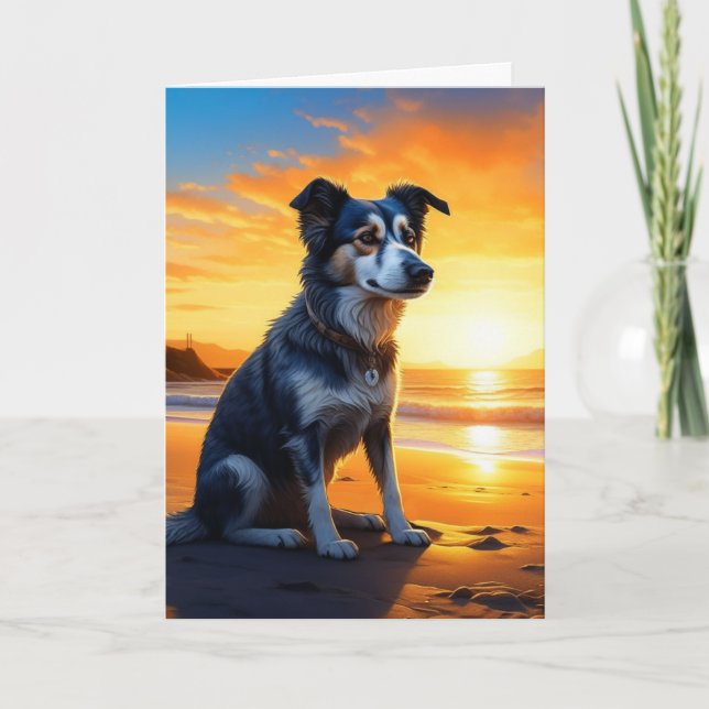 Cute Dog on Beach at Sunset | Happy Birthday Card (Front)