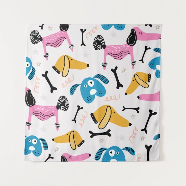 Cute dog pattern with baby animal face drawing sca tapestry (Front)