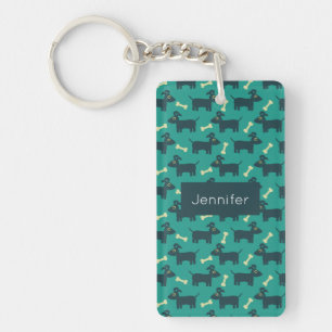 Cute Dog Pattern with Bone on Green Background Keychain