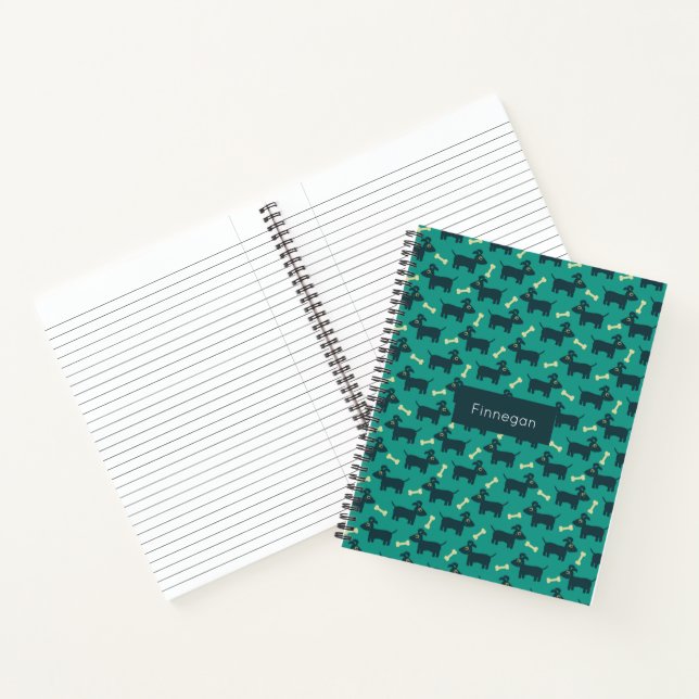 Cute Dog Pattern with Bone on Green Background Notebook (Inside)