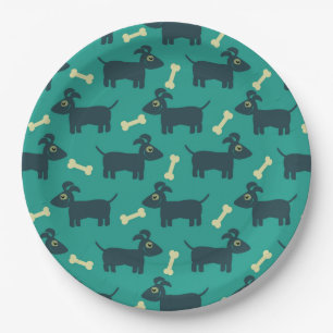 Cute Dog Pattern with Bone on Green Background Paper Plate