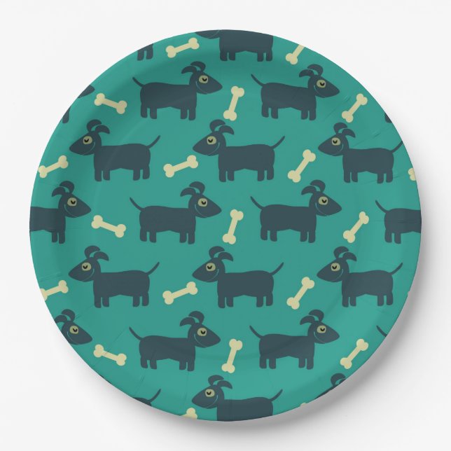Cute Dog Pattern with Bone on Green Background Paper Plate (Front)