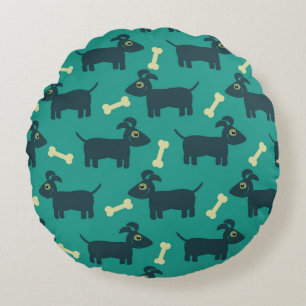 Cute Dog Pattern with Bone on Green Background Round Pillow