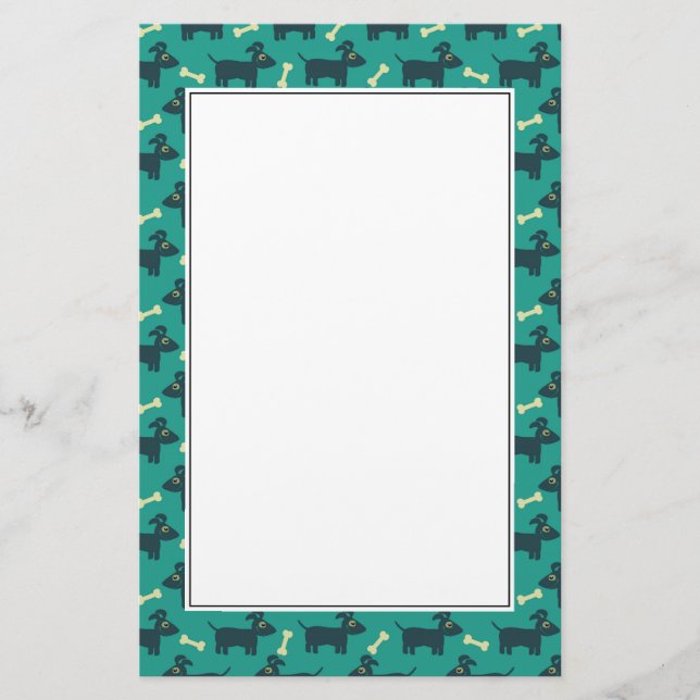 Cute Dog Pattern with Bone on Green Background Stationery (Front)