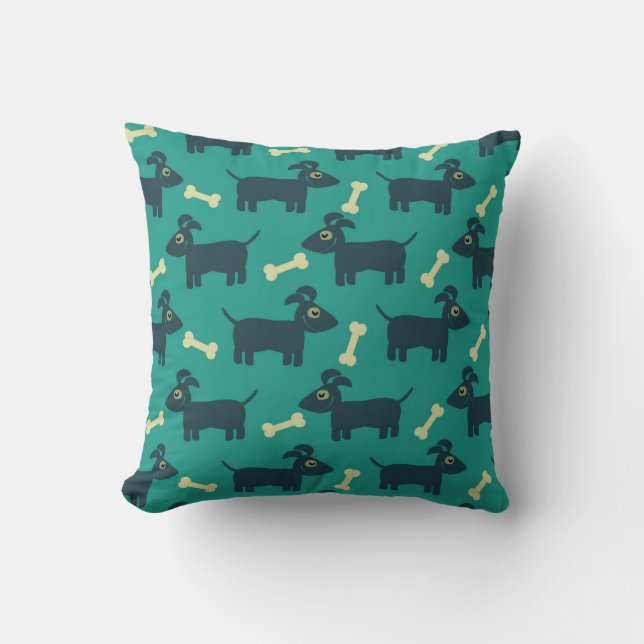 Cute Dog Pattern with Bone on Green Background Throw Pillow (Front)