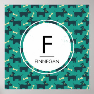 Cute Dog Pattern with Floppy Ears & Bone Monogram Poster