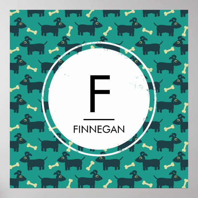 Cute Dog Pattern with Floppy Ears & Bone Monogram Poster (Front)