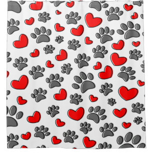 Cute Dog Paw And Red Hearts Pattern On White