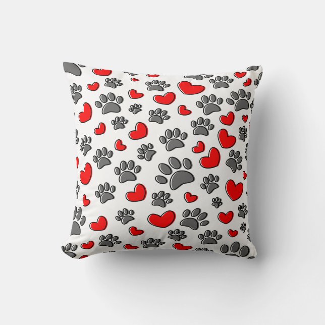Cute Dog Paw And Red Hearts Pattern Throw Pillow (Front)