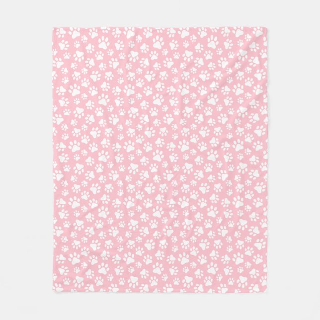 Cute Dog Paw Pattern White and Pastel Pink Fleece Blanket (Front)